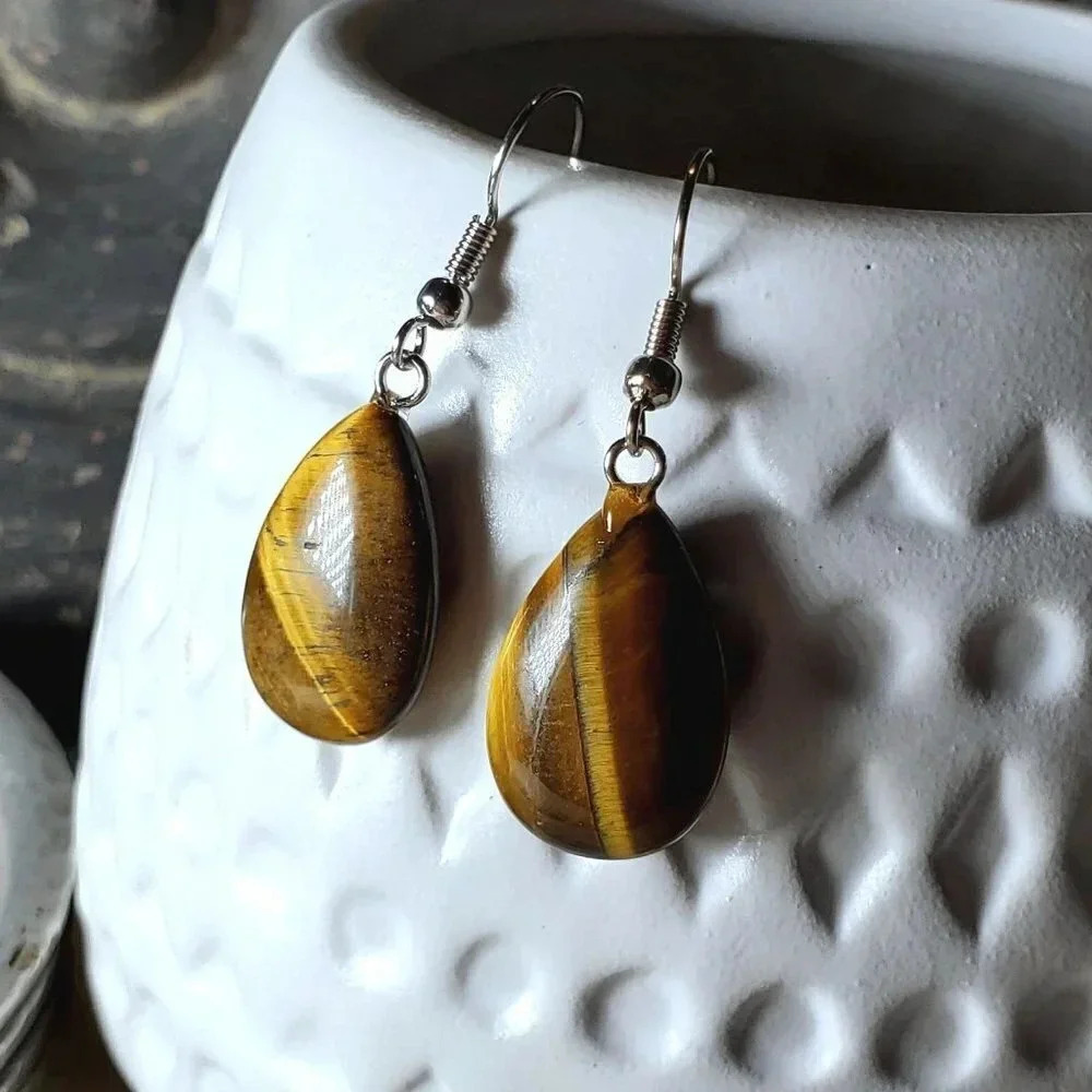 Tigers Eye Gemstone Puffed Teardrop Handcrafted Brown Silver Dangle Earrings